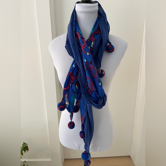 SCARF Blue Sheer Bias Cut Two Tone Blue Circles Pom Poms Ruffle Artsy Casual - Picture 3 of 12